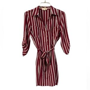 NWOT- Deep red /White Striped Shirt Dress Size Large has belt and chest pockets!